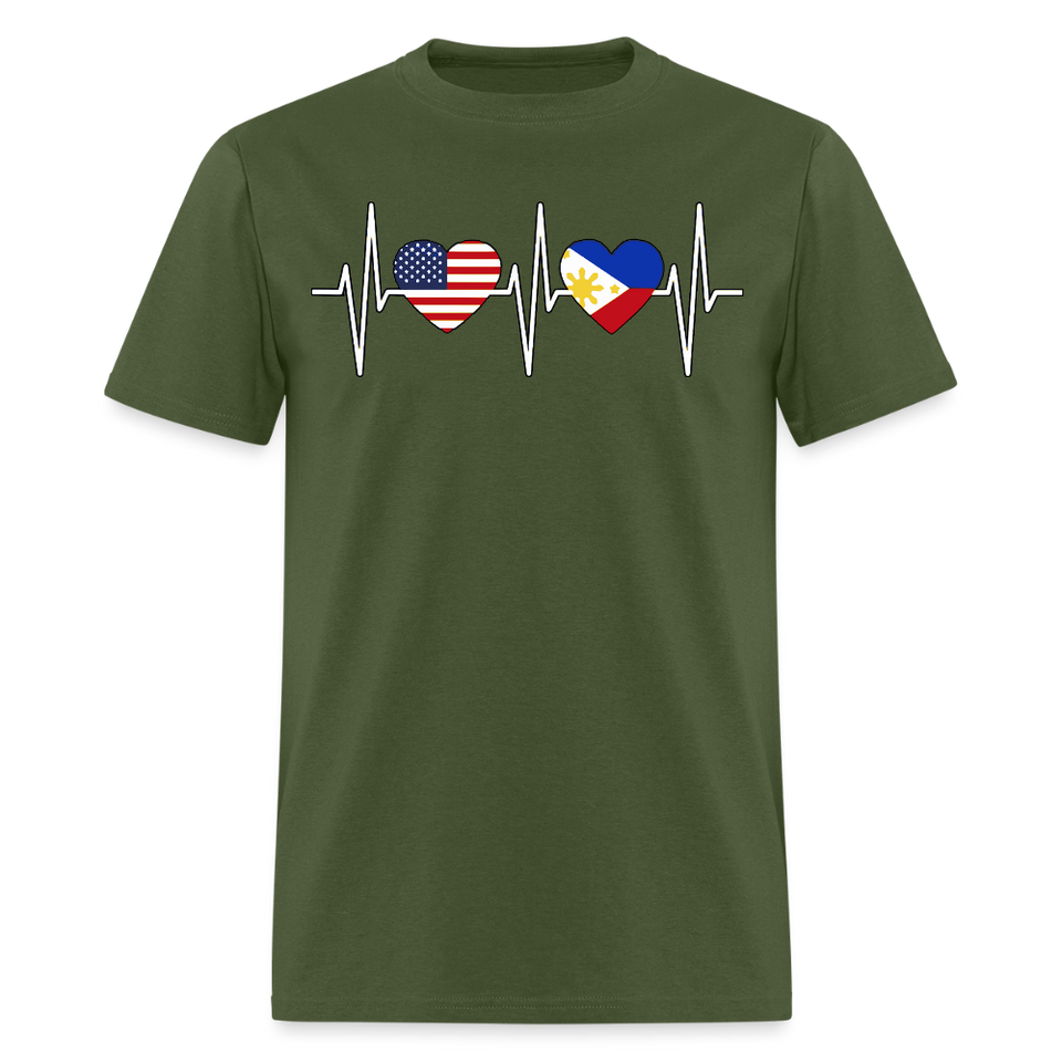 Pinoy Love USA shirt I Love Filipino American Flag Heartbeat T-Shirt Size S-6XL - military green