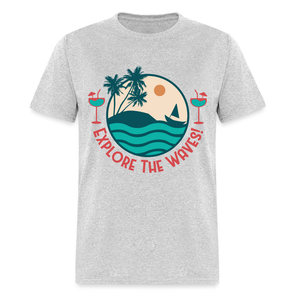 Explore the Waves shirt Surfboard Surfing Ocean Sunset Boat Wine T-Shirt S-6XL - heather gray