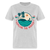 Explore the Waves shirt Surfboard Surfing Ocean Sunset Boat Wine T-Shirt S-6XL - heather gray