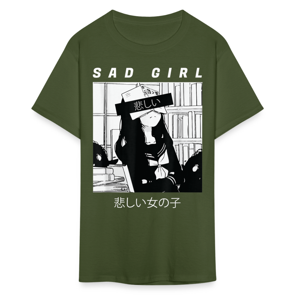 Sad Anime Emo Girl - Japanese Aesthetic Vaporwave Anime Otaku Sadness T-Shirt - military green