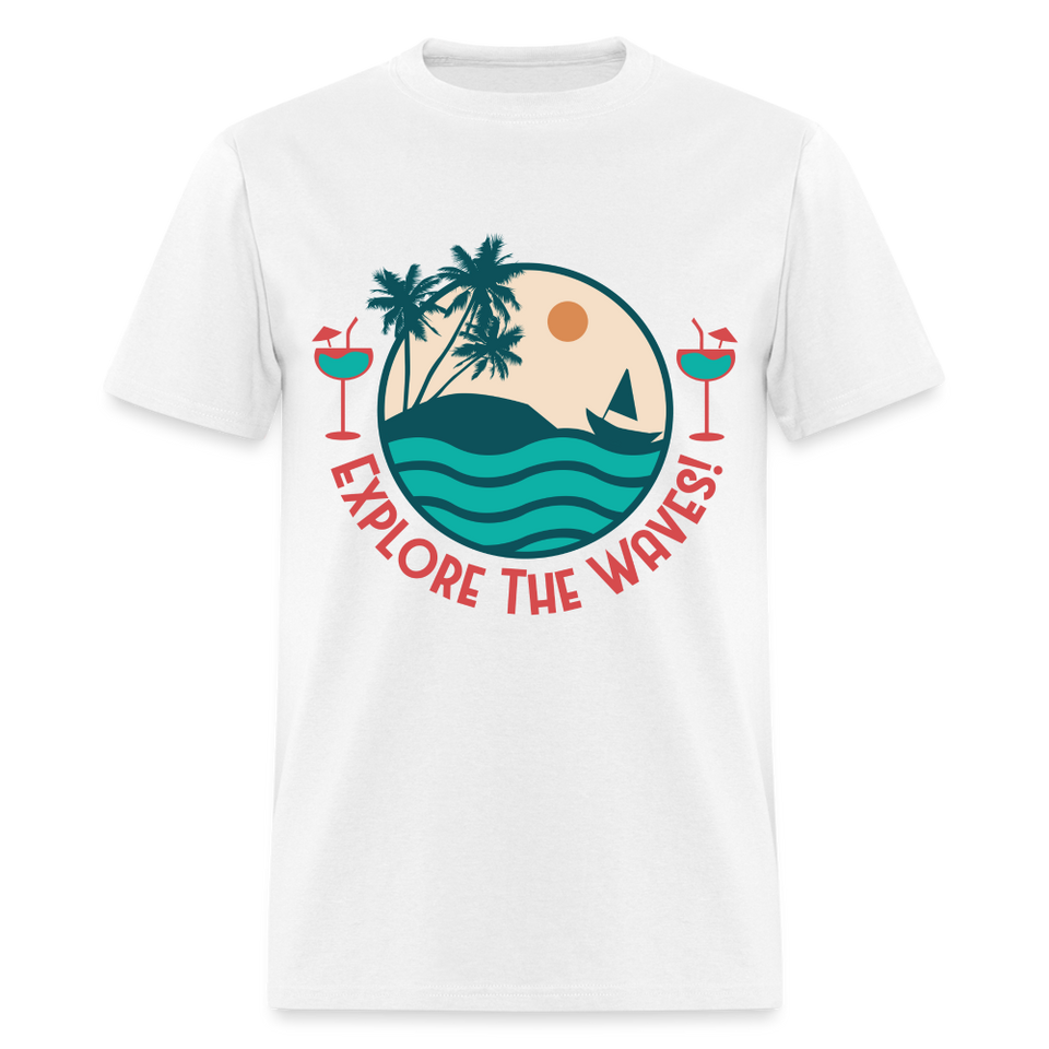 Explore the Waves shirt Surfboard Surfing Ocean Sunset Boat Wine T-Shirt S-6XL - white