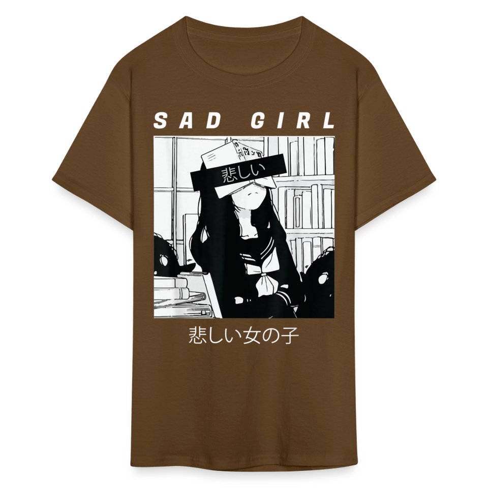 Sad Anime Emo Girl - Japanese Aesthetic Vaporwave Anime Otaku Sadness T-Shirt - brown