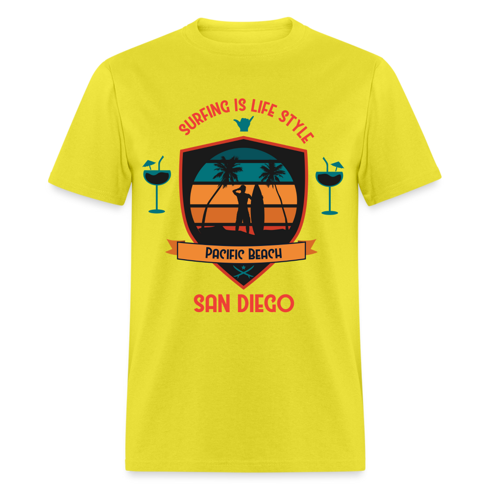 Surfing is Life Style shirt Pacific Beach San Diego California 619 T-Shirt - yellow