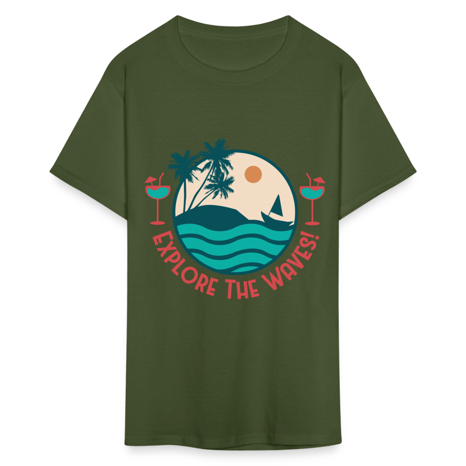 Explore the Waves shirt Surfboard Surfing Ocean Sunset Boat Wine T-Shirt S-6XL - military green