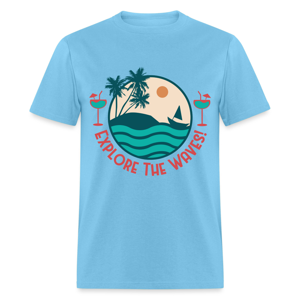 Explore the Waves shirt Surfboard Surfing Ocean Sunset Boat Wine T-Shirt S-6XL - aquatic blue