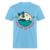 Explore the Waves shirt Surfboard Surfing Ocean Sunset Boat Wine T-Shirt S-6XL - aquatic blue
