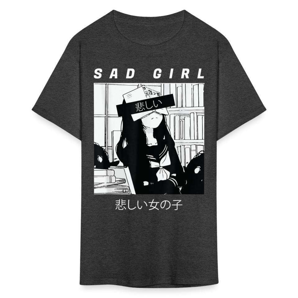 Sad Anime Emo Girl - Japanese Aesthetic Vaporwave Anime Otaku Sadness T-Shirt - heather black