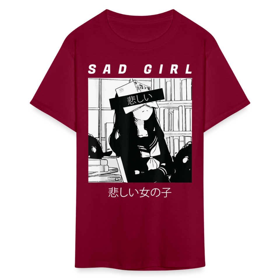 Sad Anime Emo Girl - Japanese Aesthetic Vaporwave Anime Otaku Sadness T-Shirt - burgundy