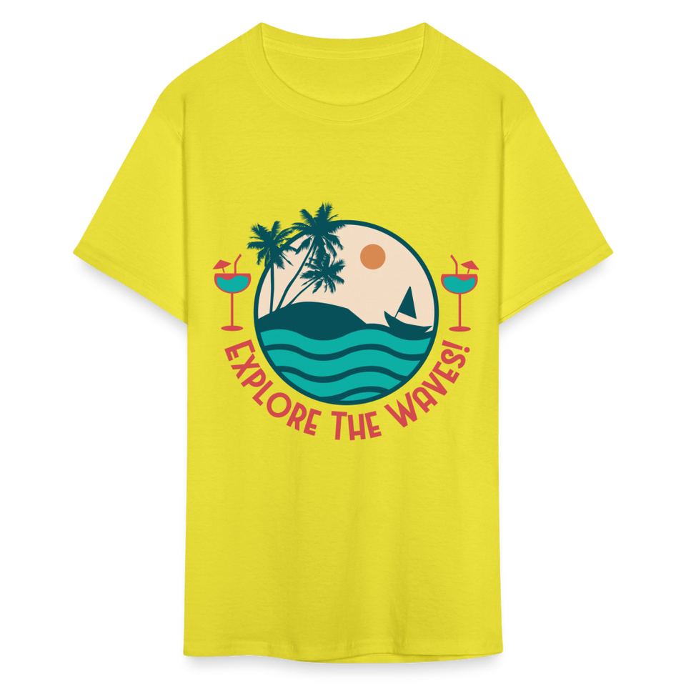 Explore the Waves shirt Surfboard Surfing Ocean Sunset Boat Wine T-Shirt S-6XL - yellow