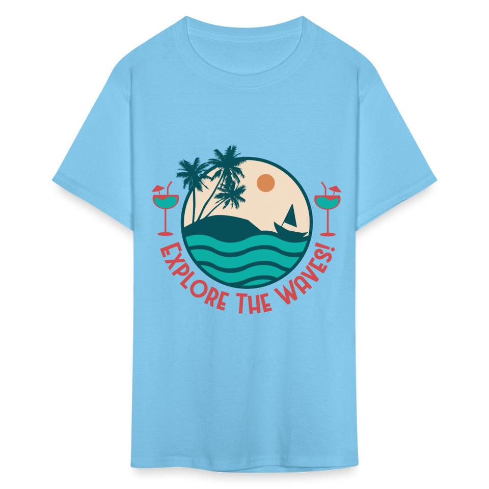 Explore the Waves shirt Surfboard Surfing Ocean Sunset Boat Wine T-Shirt S-6XL - aquatic blue