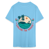 Explore the Waves shirt Surfboard Surfing Ocean Sunset Boat Wine T-Shirt S-6XL - aquatic blue