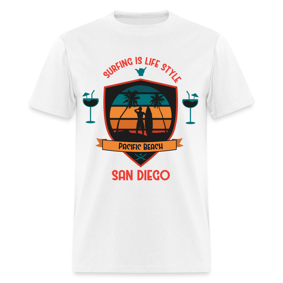Surfing is Life Style shirt Pacific Beach San Diego California 619 T-Shirt - white