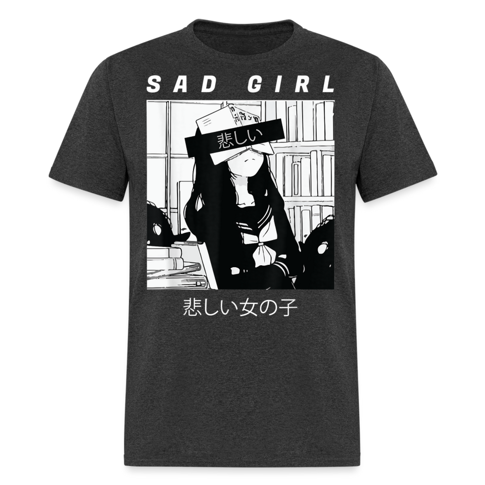 Sad Anime Emo Girl - Japanese Aesthetic Vaporwave Anime Otaku Sadness T-Shirt - heather black