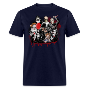 HORROR FRIENDS T-shirt Scary Movie Characters Halloween Adult Tee New - navy