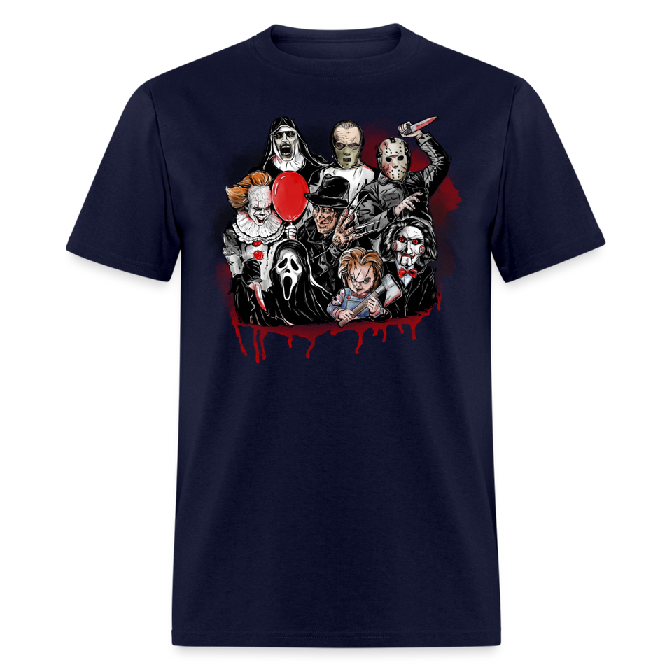 HORROR FRIENDS T-shirt Scary Movie Characters Halloween Adult Tee New - navy