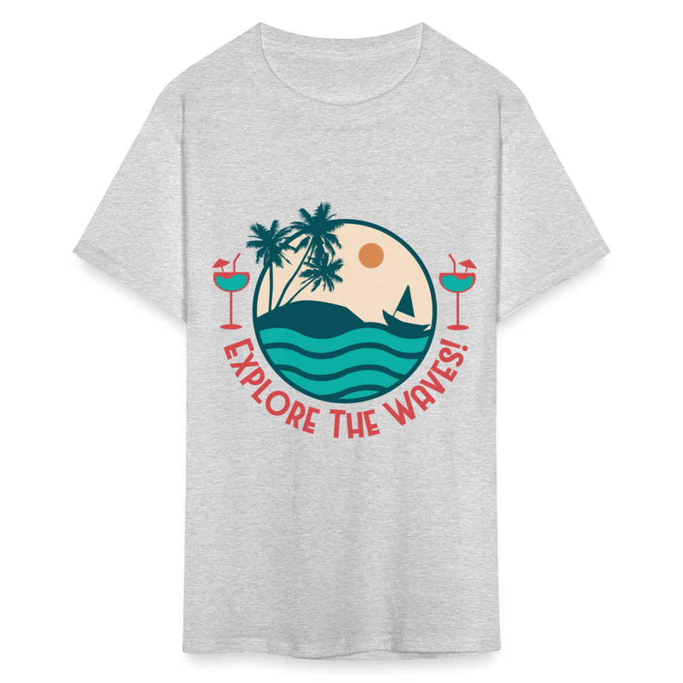 Explore the Waves shirt Surfboard Surfing Ocean Sunset Boat Wine T-Shirt S-6XL - heather gray