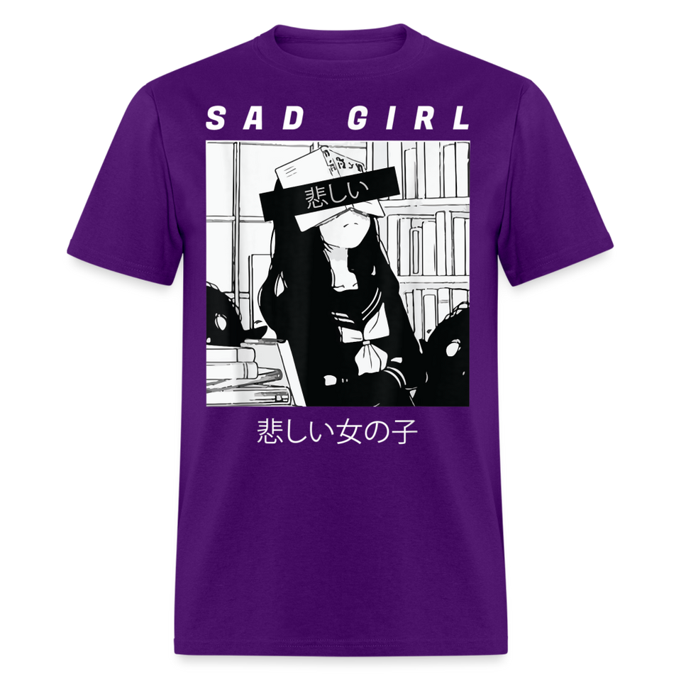 Sad Anime Emo Girl - Japanese Aesthetic Vaporwave Anime Otaku Sadness T-Shirt - purple