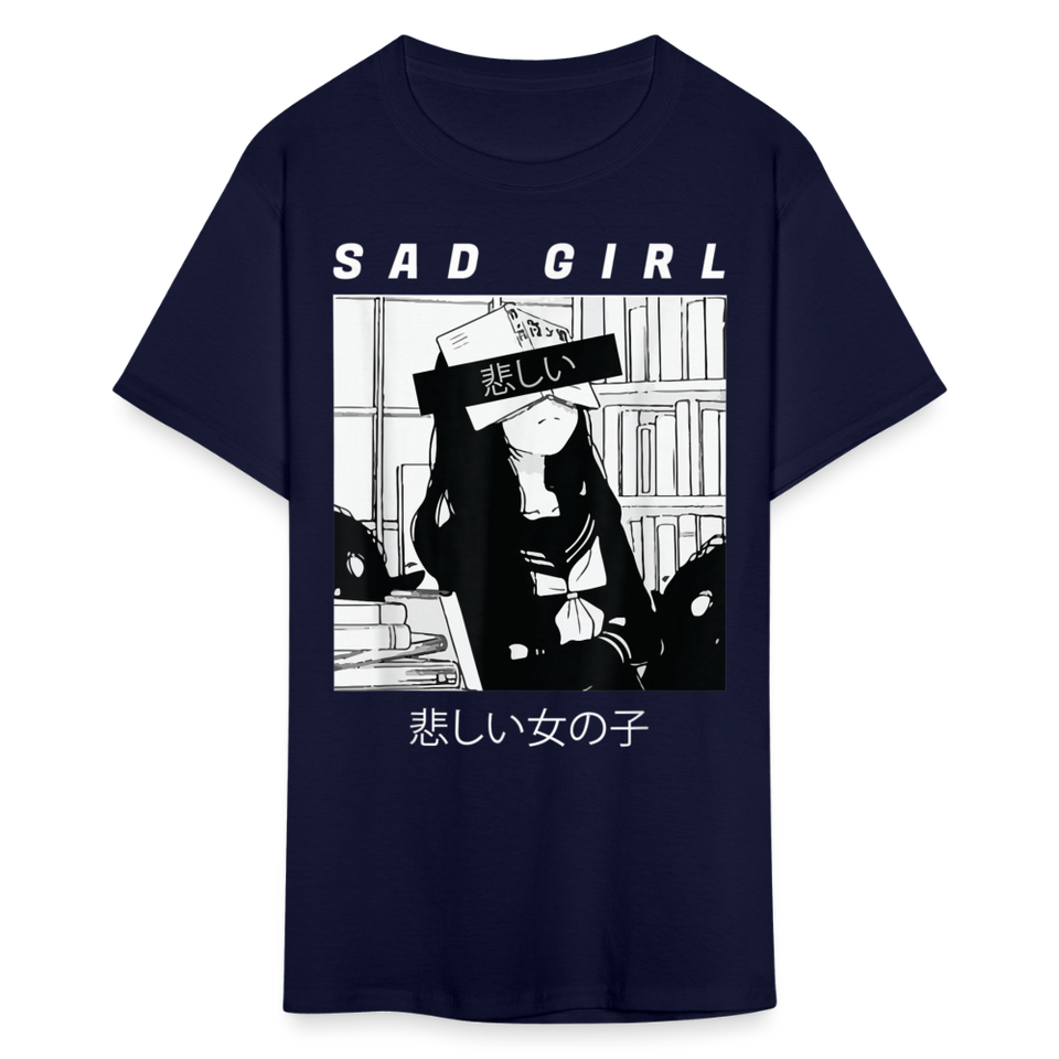 Sad Anime Emo Girl - Japanese Aesthetic Vaporwave Anime Otaku Sadness T-Shirt - navy