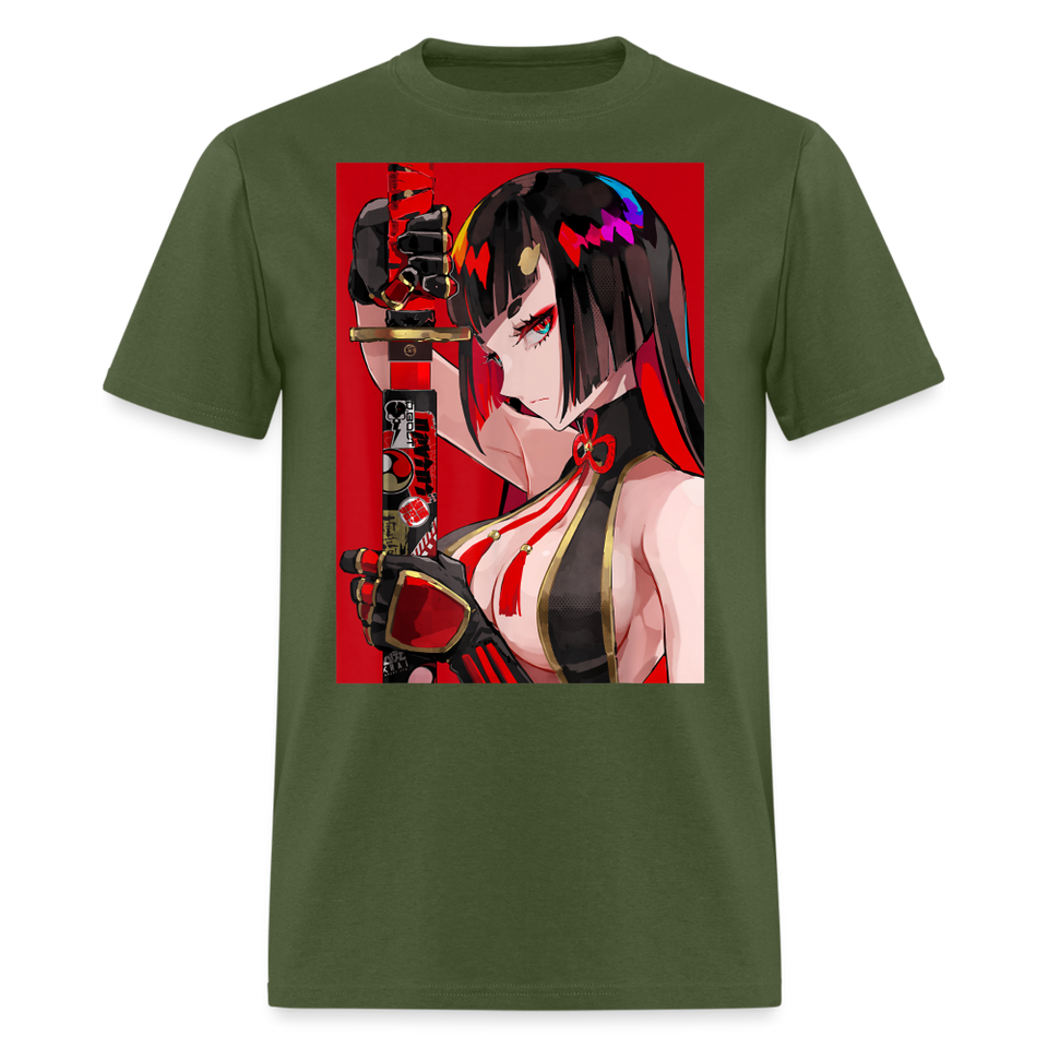 Anime Sexy Ecchi Girl shirt Samurai Waifu Japanese Aesthetic Otaku Kawaii TShirt - military green