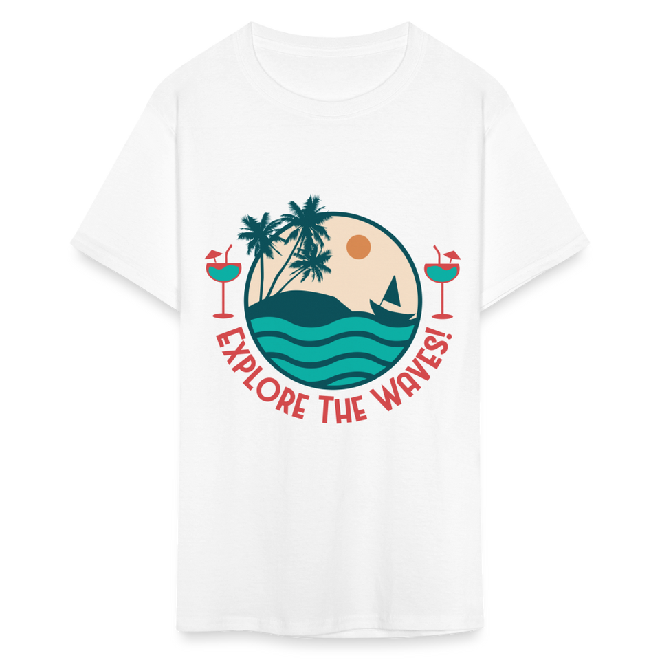 Explore the Waves shirt Surfboard Surfing Ocean Sunset Boat Wine T-Shirt S-6XL - white