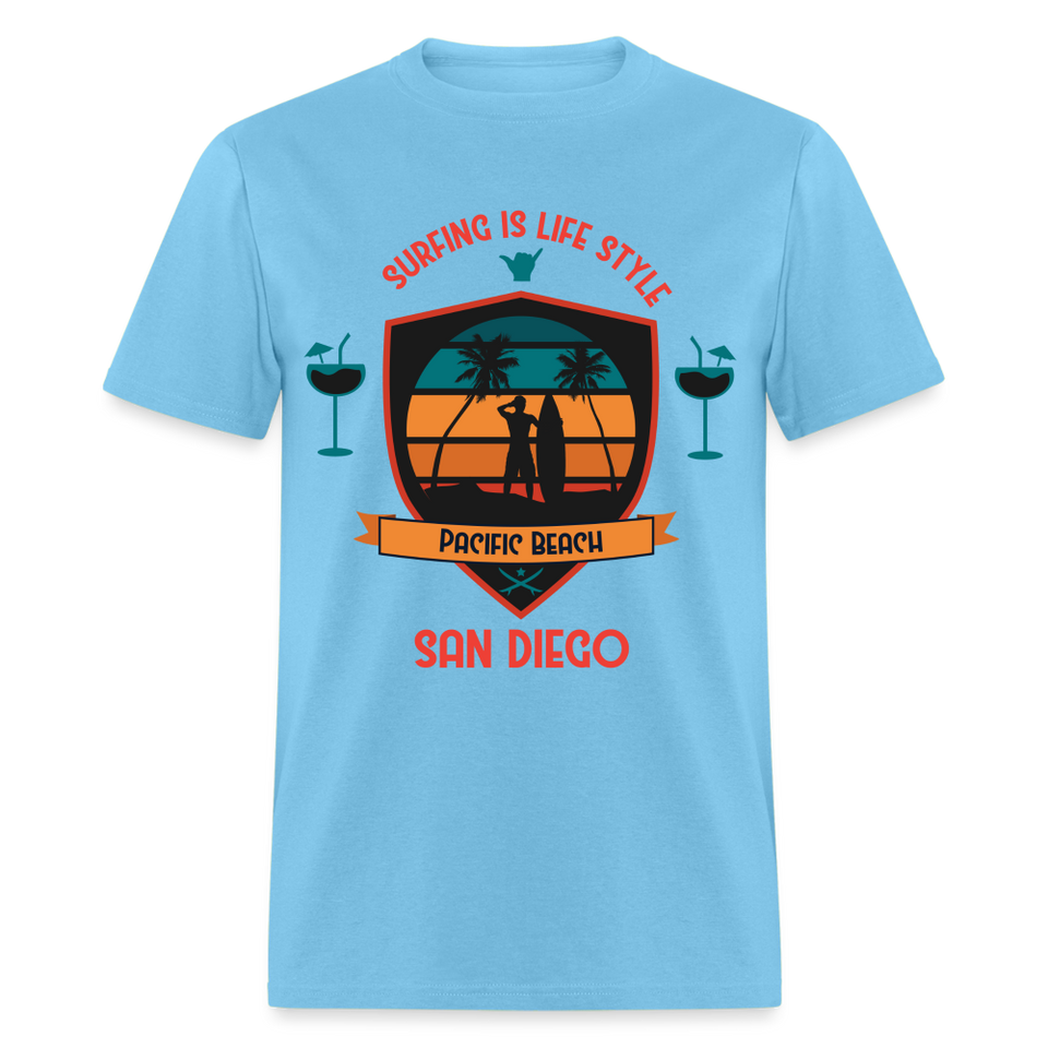 Surfing is Life Style shirt Pacific Beach San Diego California 619 T-Shirt - aquatic blue