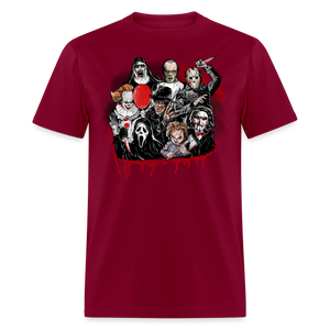 HORROR FRIENDS T-shirt Scary Movie Characters Halloween Adult Tee New - burgundy