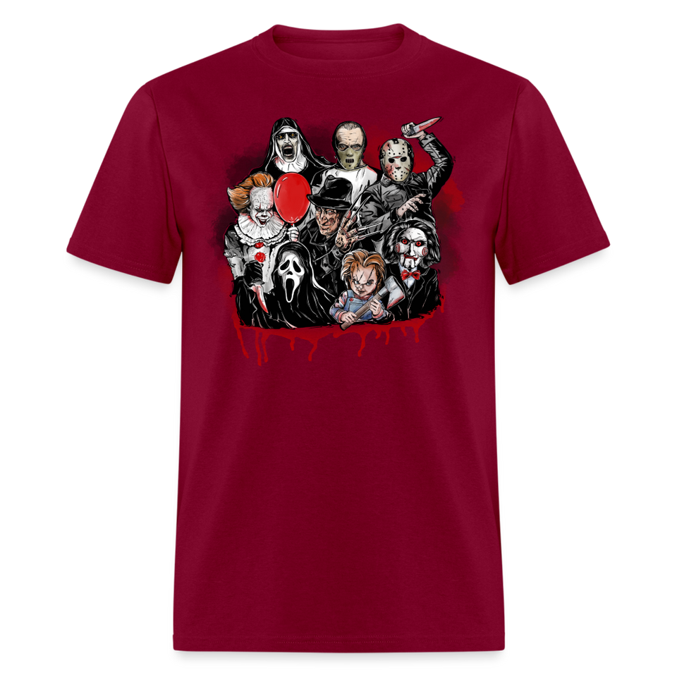 HORROR FRIENDS T-shirt Scary Movie Characters Halloween Adult Tee New - burgundy