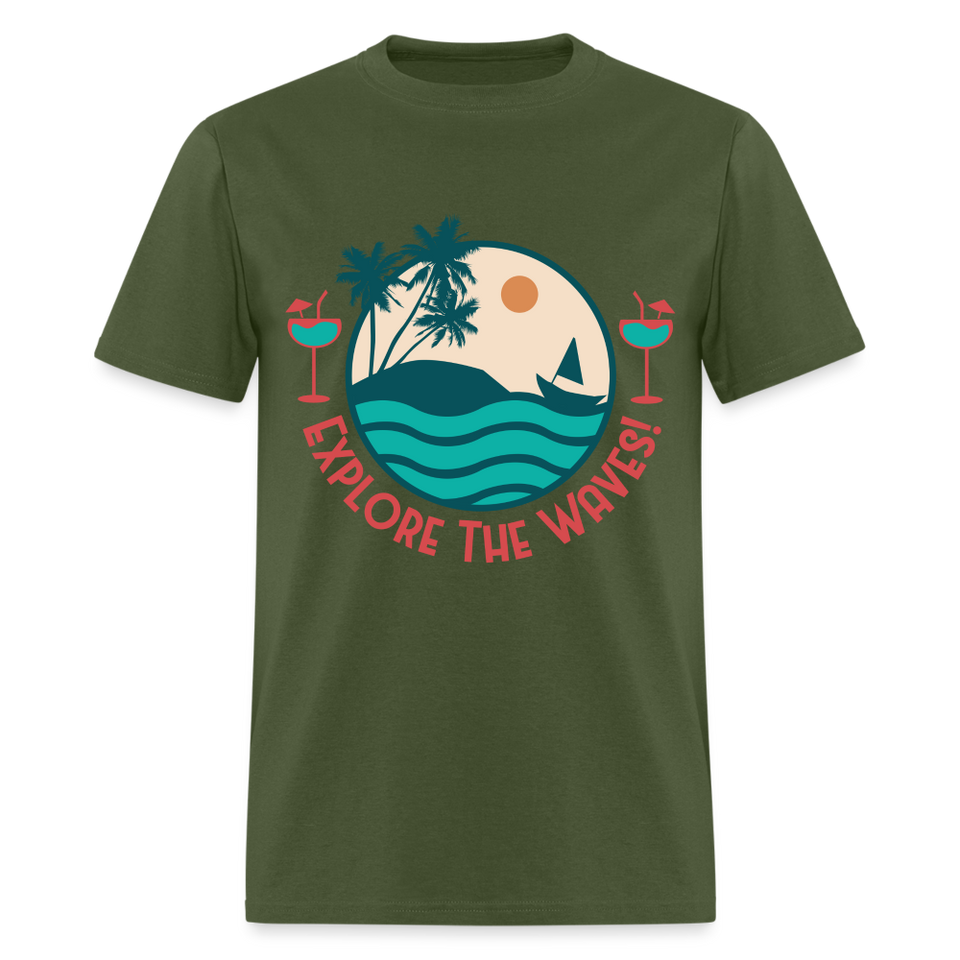 Explore the Waves shirt Surfboard Surfing Ocean Sunset Boat Wine T-Shirt S-6XL - military green