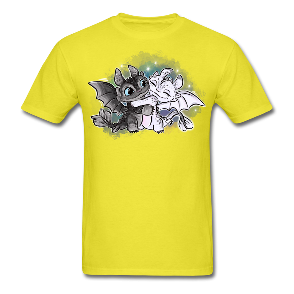 Cute Baby Toothless and Toothpaste Hugging Shirt Night/Light Fury Dragon TShirt - yellow