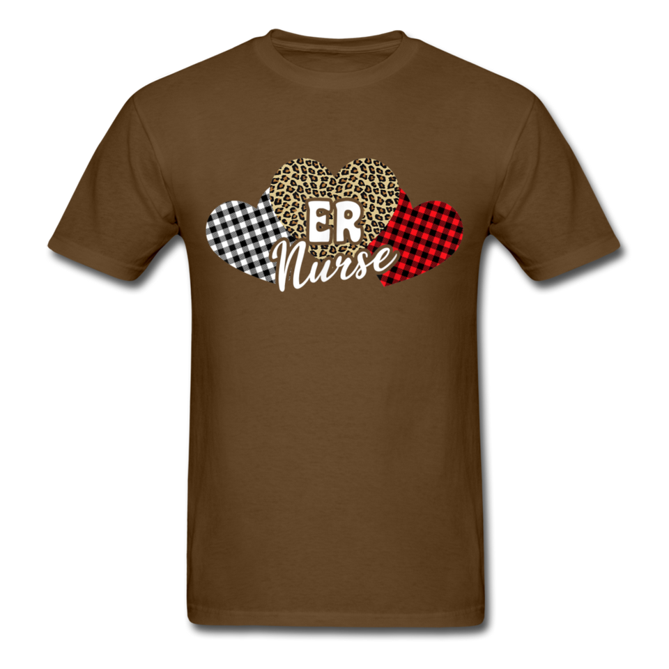 Three Hearts Leopard Buffalo Plaid ER Nurse Valentines day T-Shirt - brown