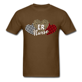 Three Hearts Leopard Buffalo Plaid ER Nurse Valentines day T-Shirt - brown