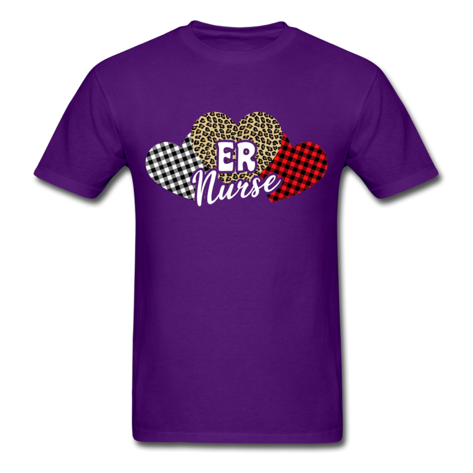 Three Hearts Leopard Buffalo Plaid ER Nurse Valentines day T-Shirt - purple