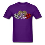 Three Hearts Leopard Buffalo Plaid ER Nurse Valentines day T-Shirt - purple