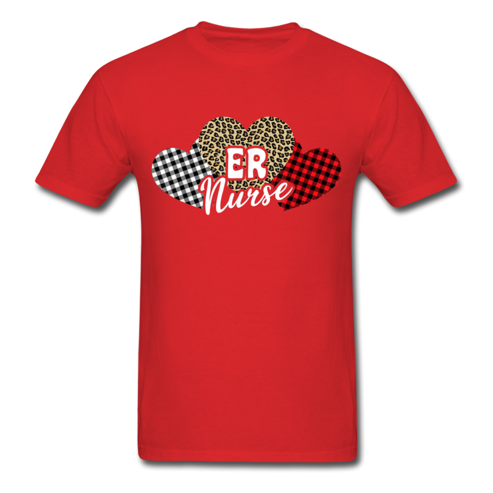 Three Hearts Leopard Buffalo Plaid ER Nurse Valentines day T-Shirt - red