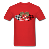 Three Hearts Leopard Buffalo Plaid ER Nurse Valentines day T-Shirt - red