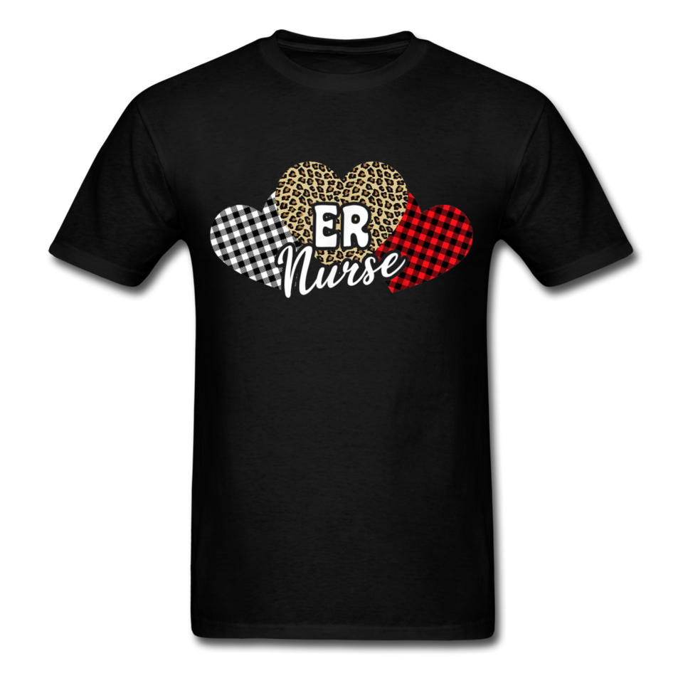 Three Hearts Leopard Buffalo Plaid ER Nurse Valentines day T-Shirt - black
