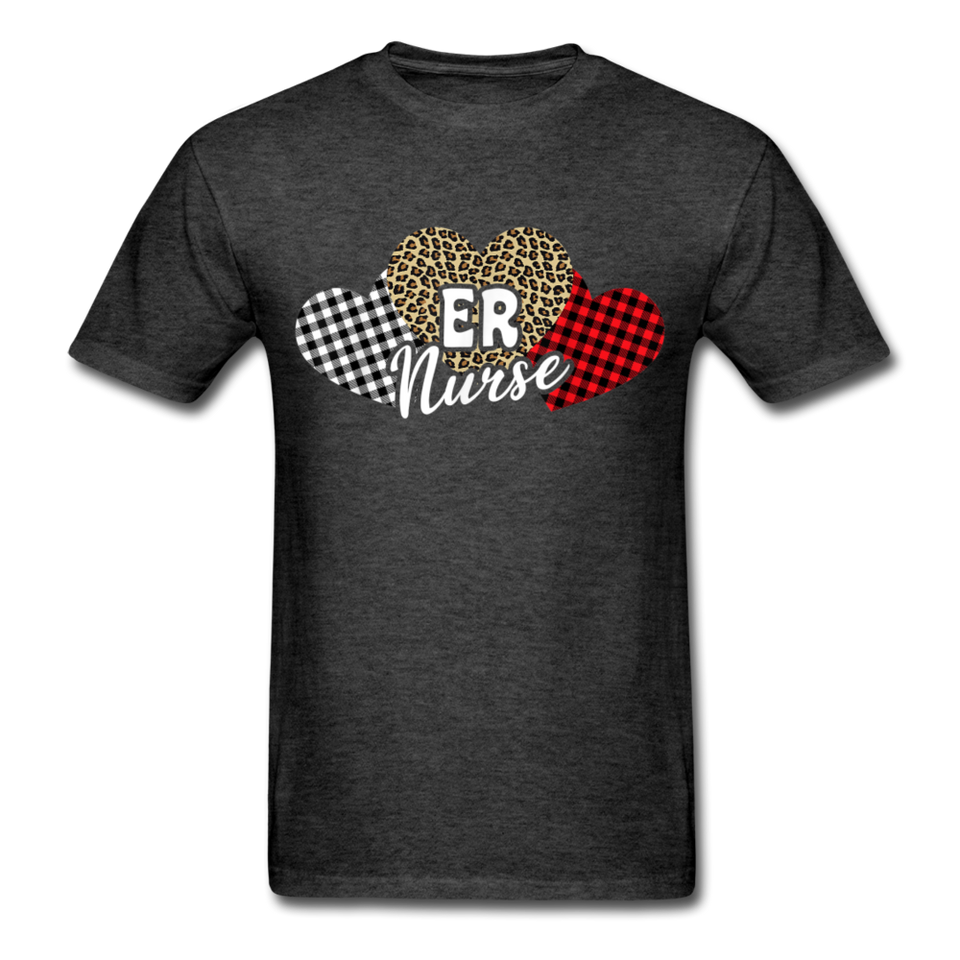 Three Hearts Leopard Buffalo Plaid ER Nurse Valentines day T-Shirt - heather black