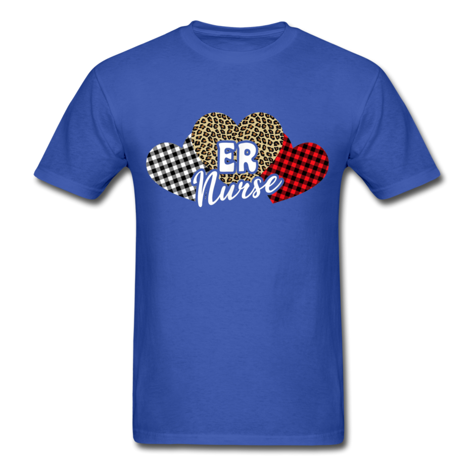 Three Hearts Leopard Buffalo Plaid ER Nurse Valentines day T-Shirt - royal blue
