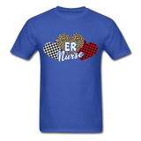 Three Hearts Leopard Buffalo Plaid ER Nurse Valentines day T-Shirt - royal blue