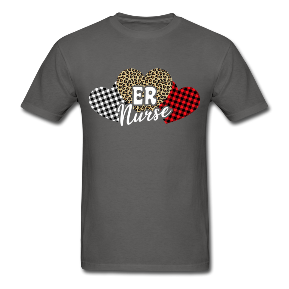 Three Hearts Leopard Buffalo Plaid ER Nurse Valentines day T-Shirt - charcoal