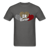 Three Hearts Leopard Buffalo Plaid ER Nurse Valentines day T-Shirt - charcoal