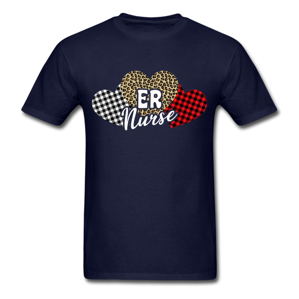 Three Hearts Leopard Buffalo Plaid ER Nurse Valentines day T-Shirt - navy