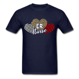 Three Hearts Leopard Buffalo Plaid ER Nurse Valentines day T-Shirt - navy