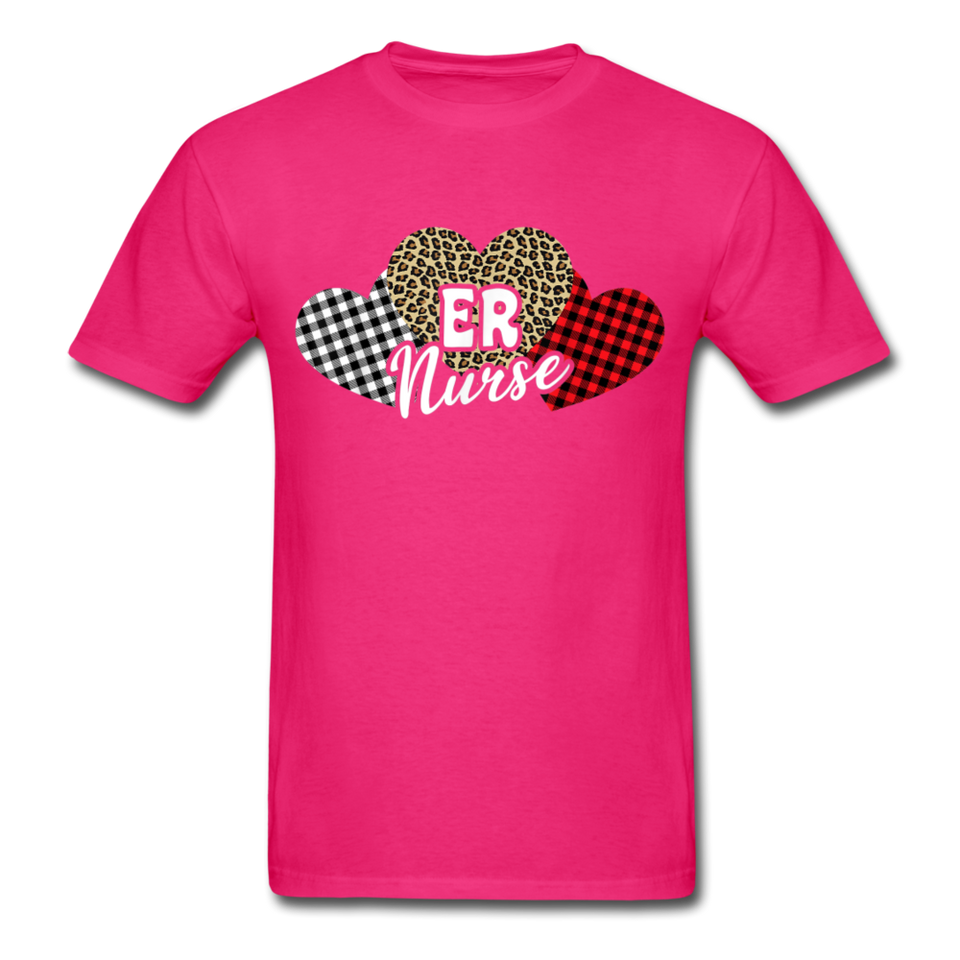 Three Hearts Leopard Buffalo Plaid ER Nurse Valentines day T-Shirt - fuchsia