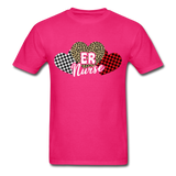 Three Hearts Leopard Buffalo Plaid ER Nurse Valentines day T-Shirt - fuchsia