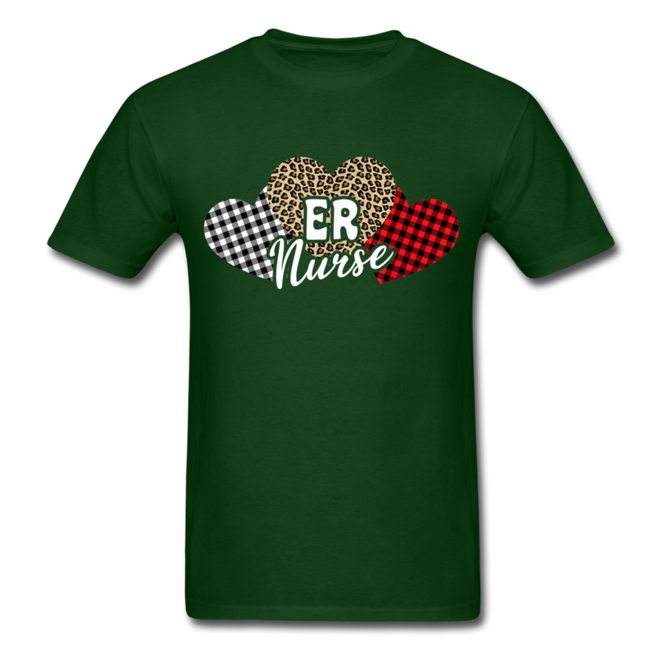 Three Hearts Leopard Buffalo Plaid ER Nurse Valentines day T-Shirt - forest green