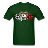 Three Hearts Leopard Buffalo Plaid ER Nurse Valentines day T-Shirt - forest green