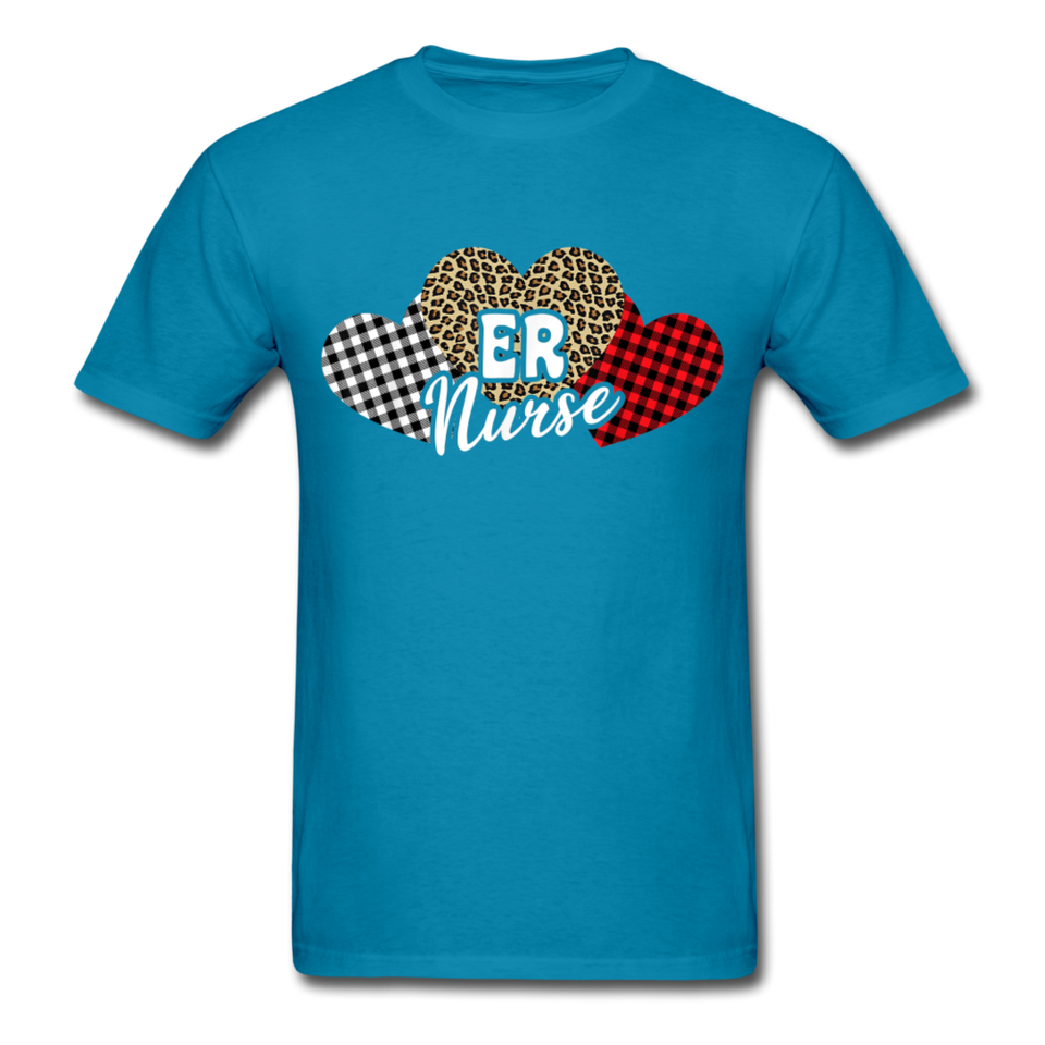 Three Hearts Leopard Buffalo Plaid ER Nurse Valentines day T-Shirt - turquoise