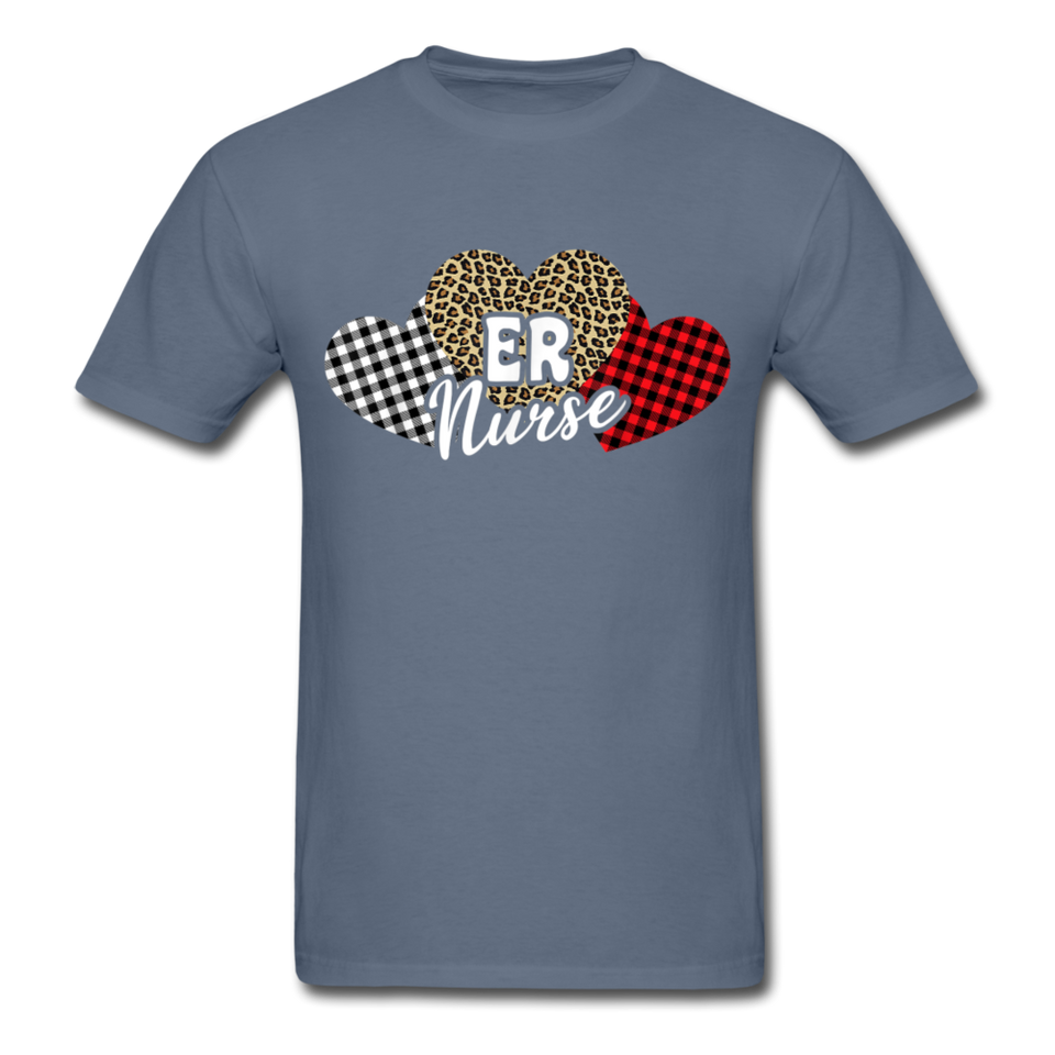 Three Hearts Leopard Buffalo Plaid ER Nurse Valentines day T-Shirt - denim