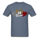 Three Hearts Leopard Buffalo Plaid ER Nurse Valentines day T-Shirt - denim